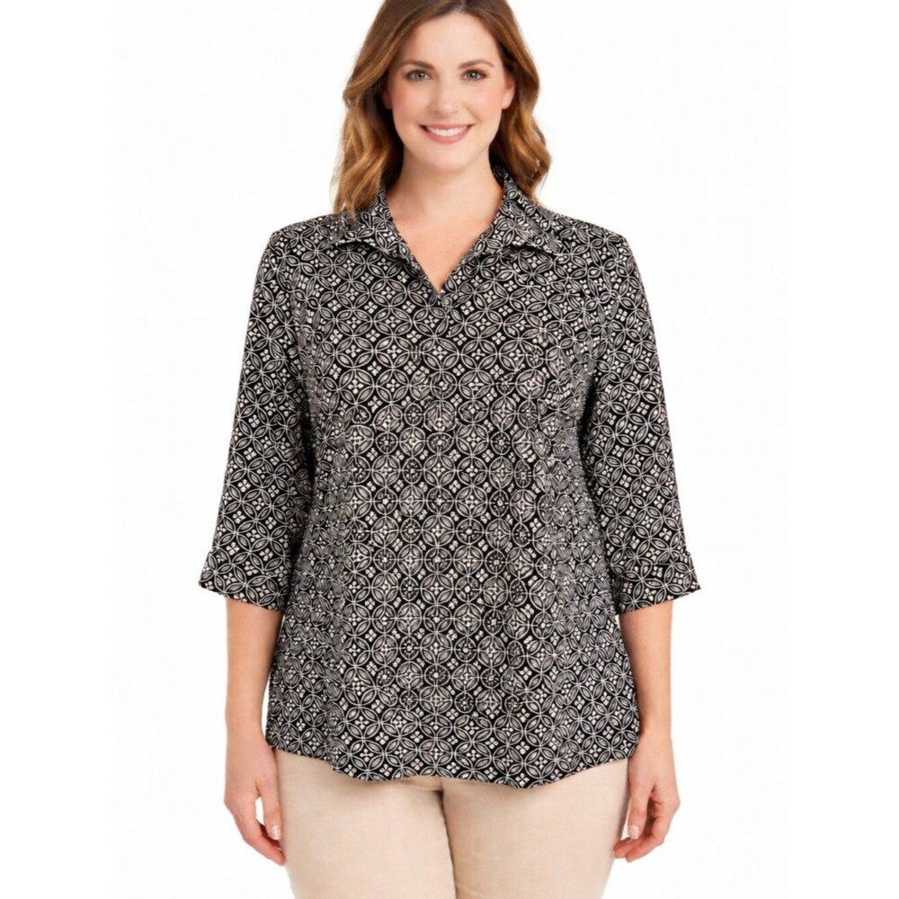 Talbots No-Iron Shirt Size 14W Geo Print Brown/Cream